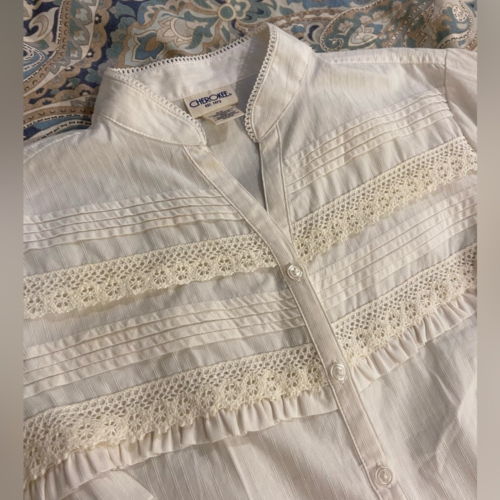 Crochet Ruffle Detail Cotton Long Sleeve Blouse